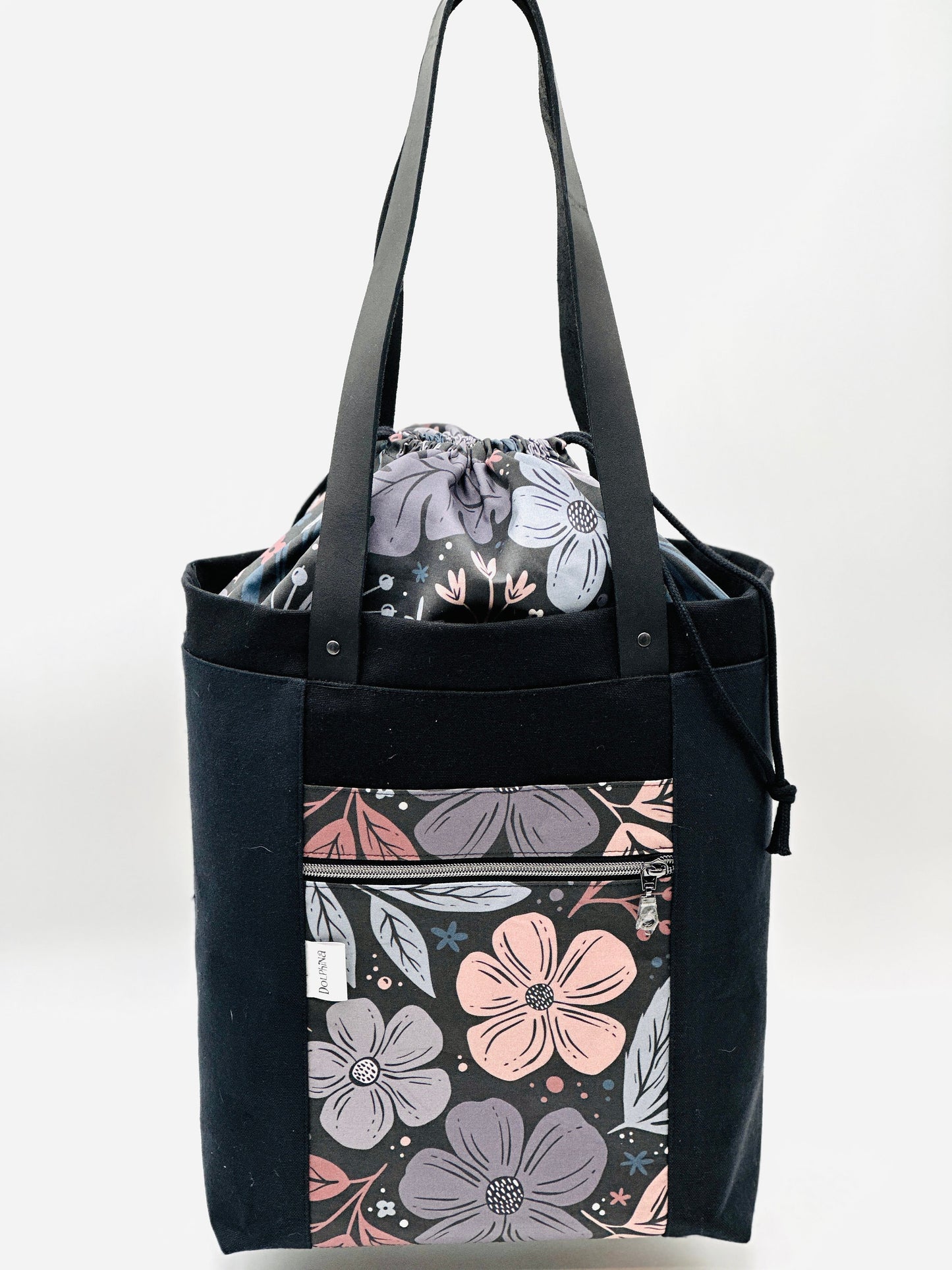 Large tote bag with drawstring closure and leather handles - Moody Floral
